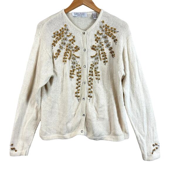 Karen Scott Evening Beaded Cardigan Sweater Silk Angora Rabbit Hair Lambswool M - Picture 1 of 9